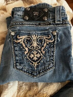 Miss Me Light Blue Bootcut Jeans with Cream Embroidery